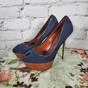 Sergio Rossi Denim Platform Peep-toe Heels